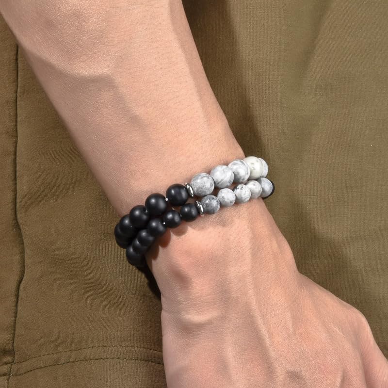 Mens Bracelets 8MM Natural Stone Beads Bracelet Set Stretch Adjustable Beaded Bracelets for Men (2,gray,black)