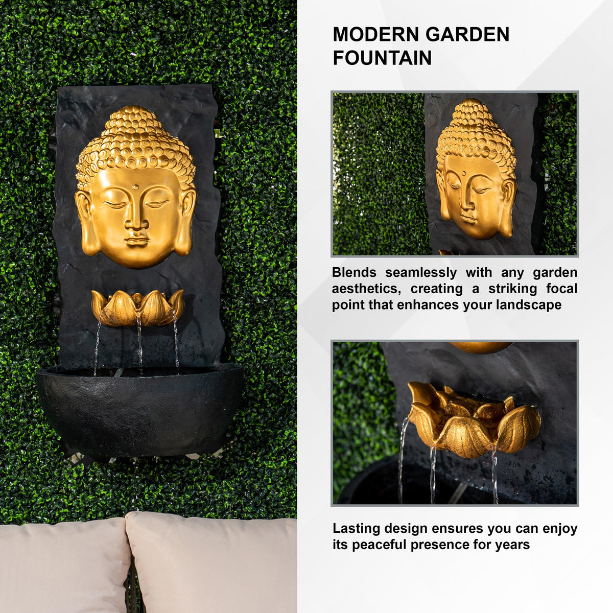 30" H Fiber Resin Wall Buddha Zen Outdoor Garden Water Fountain with Warm LED Light (Gold)