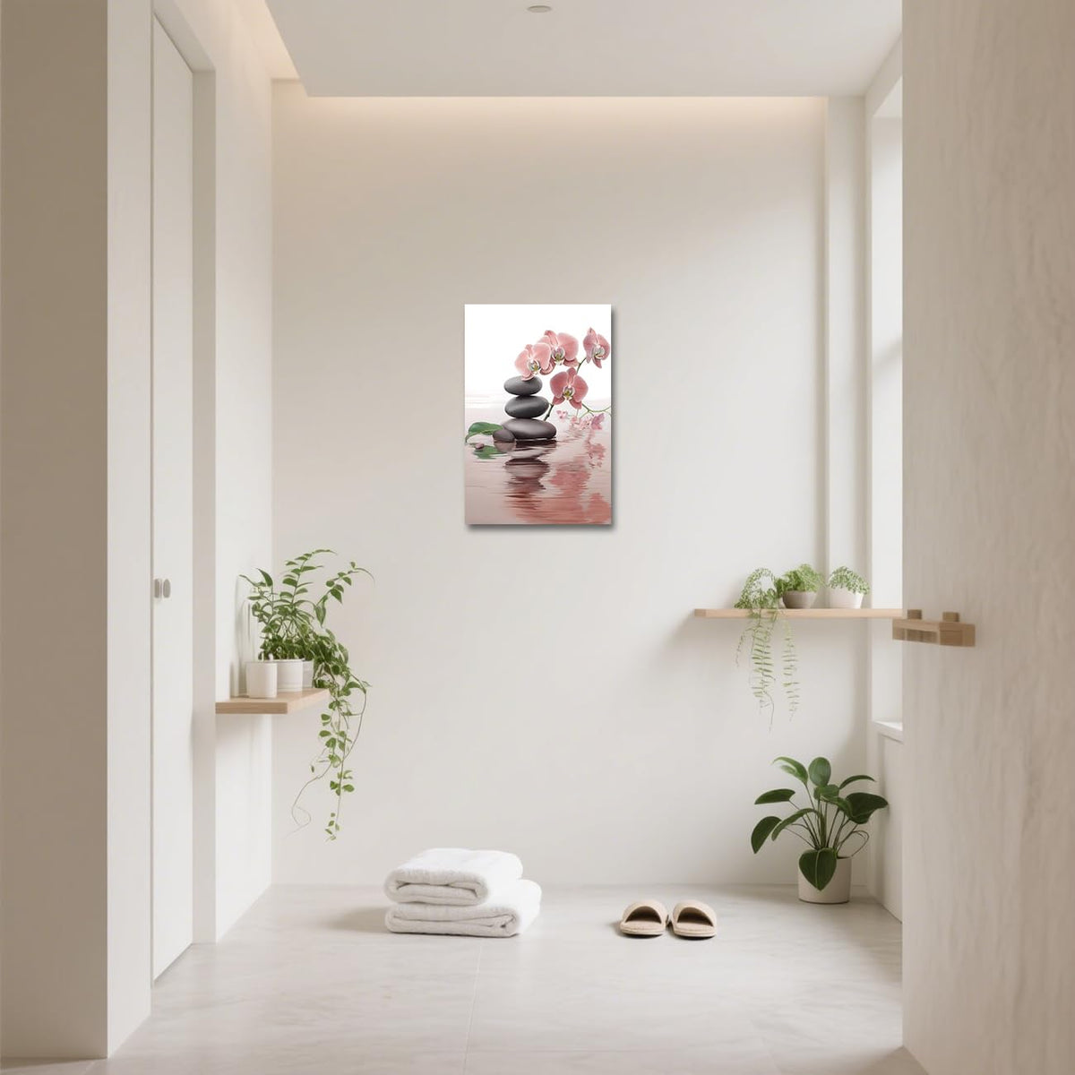Zen Bathroom Wall Art Orchid Flower with Zen Stones Pictures Spa Painting Still Life Canvas Prints for Meditation Spiritual Room Decor Framed (Red / 24L" x 16W")