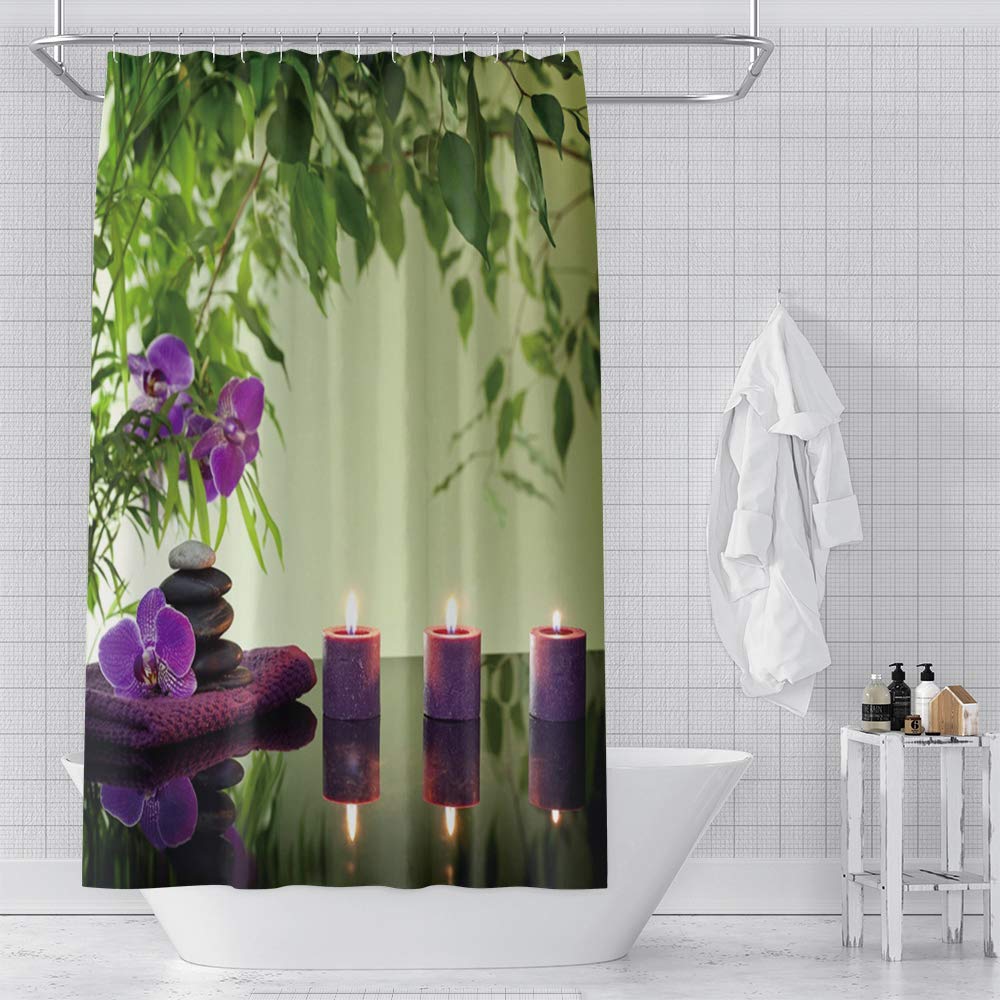 Spa Shower Curtain Purple Candles Flowers and Bath Towel Green Plants Beautiful Relaxing Bath Curtain Waterproof Polyester Fabric Bathroom Decor Set with Hooks 65x72inch (65"W x 72"L (Pack of 1) / Green 04)