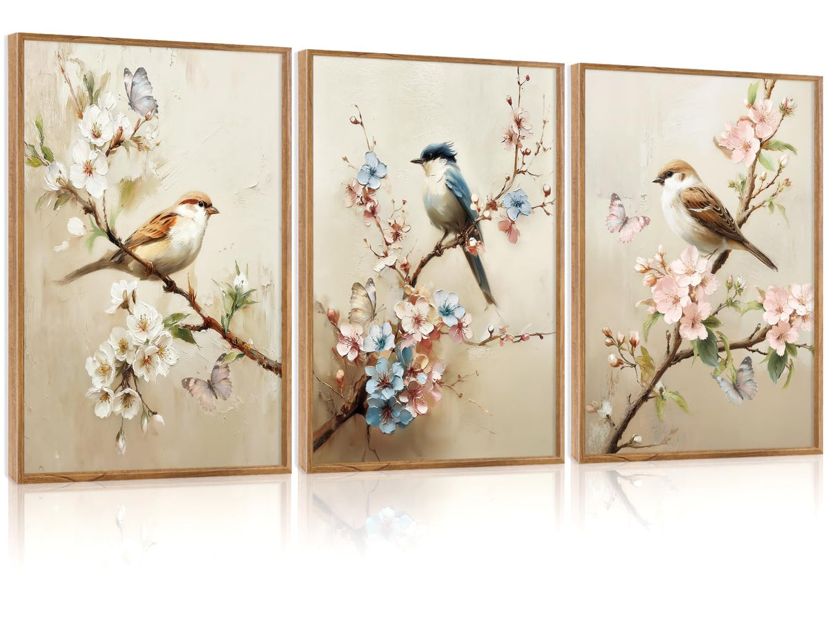 Bird and Blossom Framed Canvas Wall Art Set Of 3 (Bird)