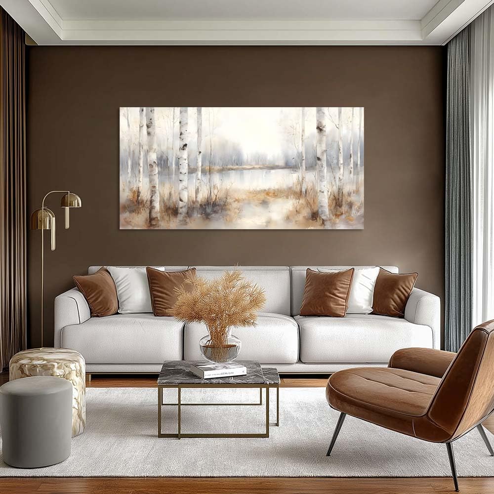 Misty Birch Tree Forest Canvas Wall Art Watercolor Lake Landscape Painting Flat Print Gallery Wrapped Nature Artwork for Living Room Bedroom Bathroom Decor (Mysterious / White Birch Forest 20 / 46"L x 23"W)