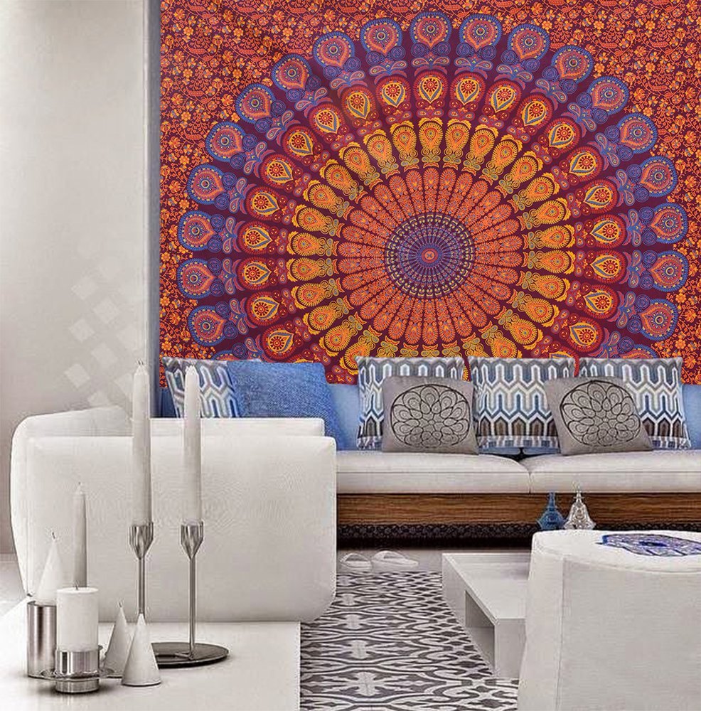 Tapestry Wall Hanging Hippie Mandala Bohemian Hippy Psychedelic Intricate Floral Design Indian Tapestries Bedspread 84 x 90 Inches (90"L x 84"W / Maroon Yellow)