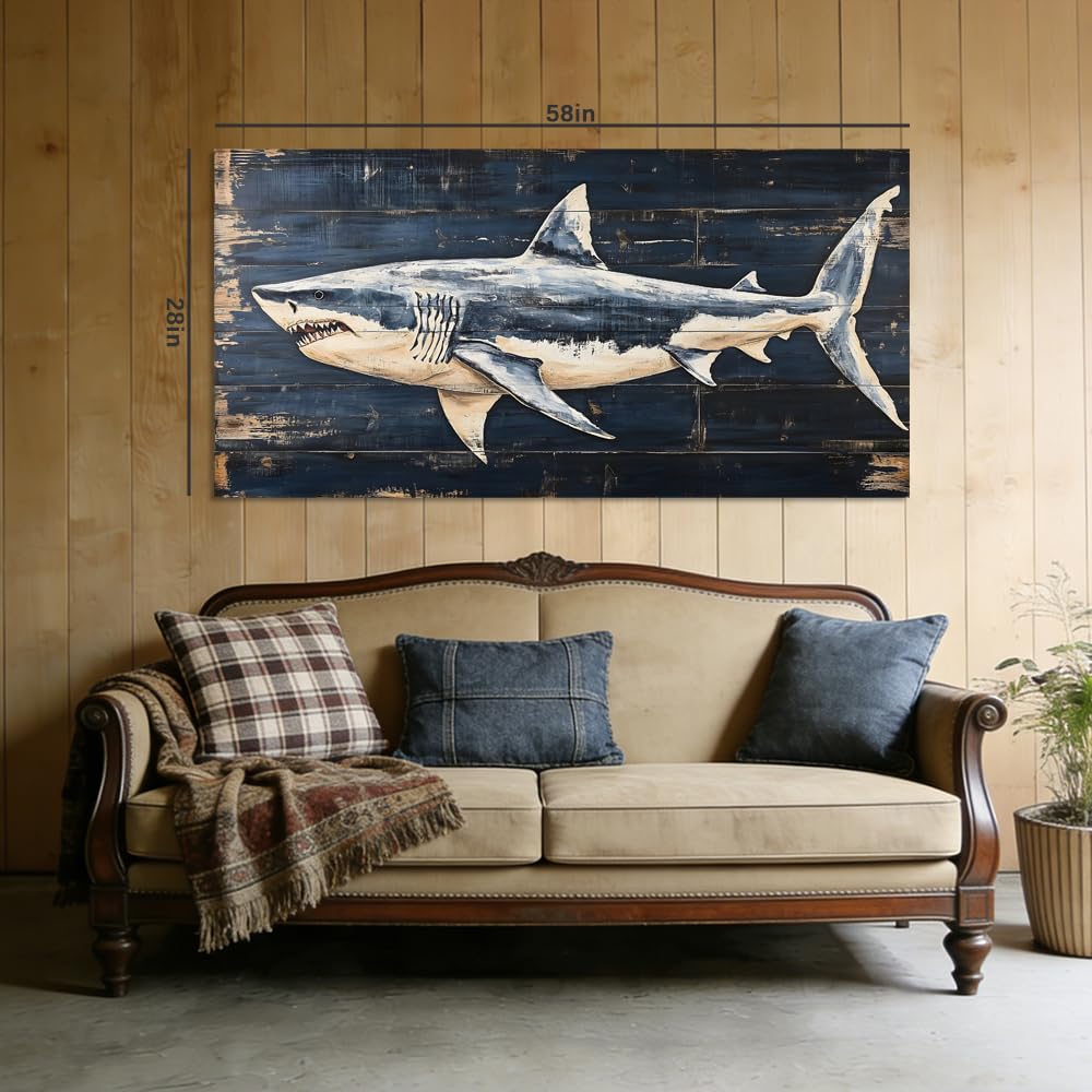 Rustic Great White Shark Canvas Wall Art Faux Wood Plank Painting Flat Print Gallery Wrapped Nautical Coastal Artwork for Living Room Bedroom Bathroom Decor (Retro / Great White Shark 12 / 40"L x 20"W)