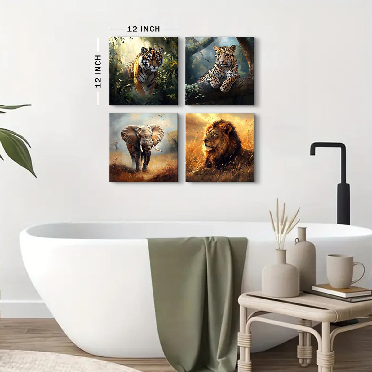 Wild Animal Lion Wall Art Wildlife Safari Wall Decor for Nursery Vintage African Elephant Canvas Pictures Tiger Panther Posters Jungle Forest Animals Paintings Artwork Living Room Decoration 12x12" 4P (12"L x 12"W / Wild Animals)
