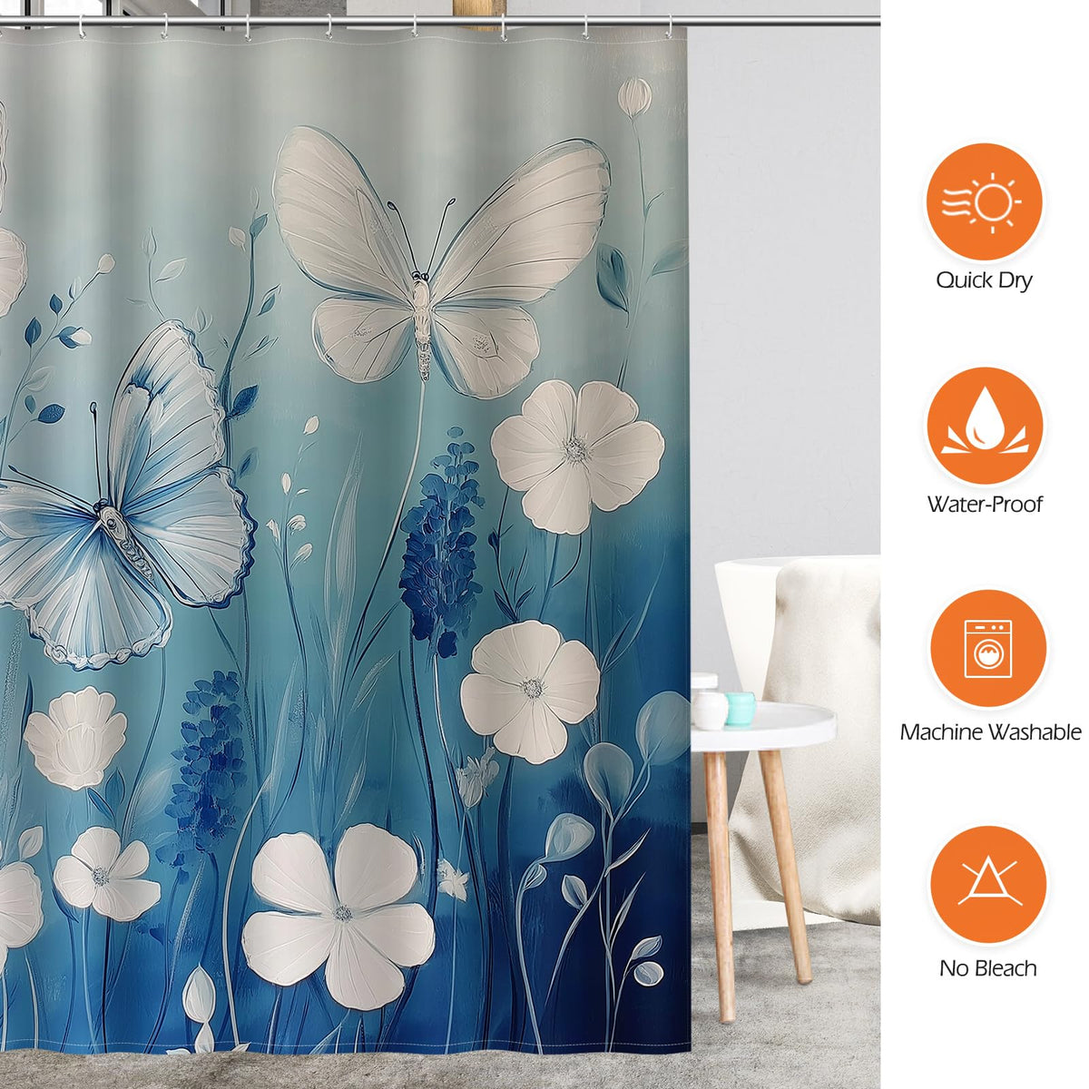 Butterfly Floral Shower Curtain White Flower Blue Gradient Dreamy Watercolor Aesthetic Botanical Bathroom Decor Bathtub Curtain Fabric Shower Curtain Set with 12 Hooks (White Blue Butterfly / 72"W x 72"L (Pack of 1))