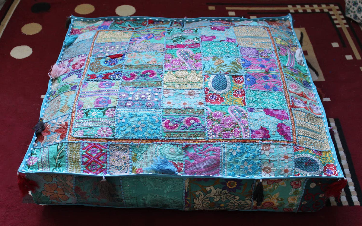 Indian Square Patchwork Traditional Pouf Cover Indian Living Room Poufs Decorative Embroidered Designer Ottoman Home Living Footstool Chair Cover Decor Pillow Cover 35 inches (35"D x 35"W x 5"H / Sky Blue)