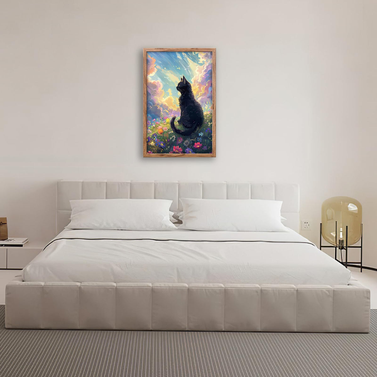 Black Cat Framed Wall Art Anime Cat Pictures Canvas Wall Decor Wildflower Landscape Painting Nature Decorations for Bathroom Bedroom Living Room Office 24"x16" (Black Cat / 24"L x 16"W)