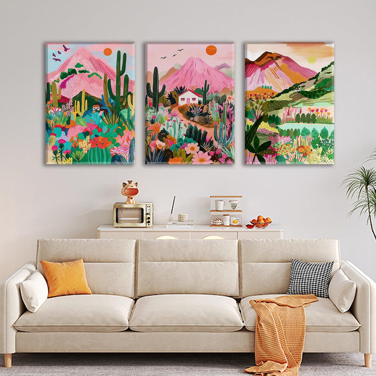 3Pcs Abstract Landscape Wall Art with Vibrant Colors (Pink cactus / 12X16inch)