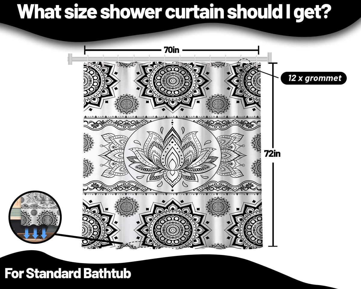 Black and White Mandala Shower Curtain Lotus Flower (Coloful / 70"W x 72"L (Pack of 1))
