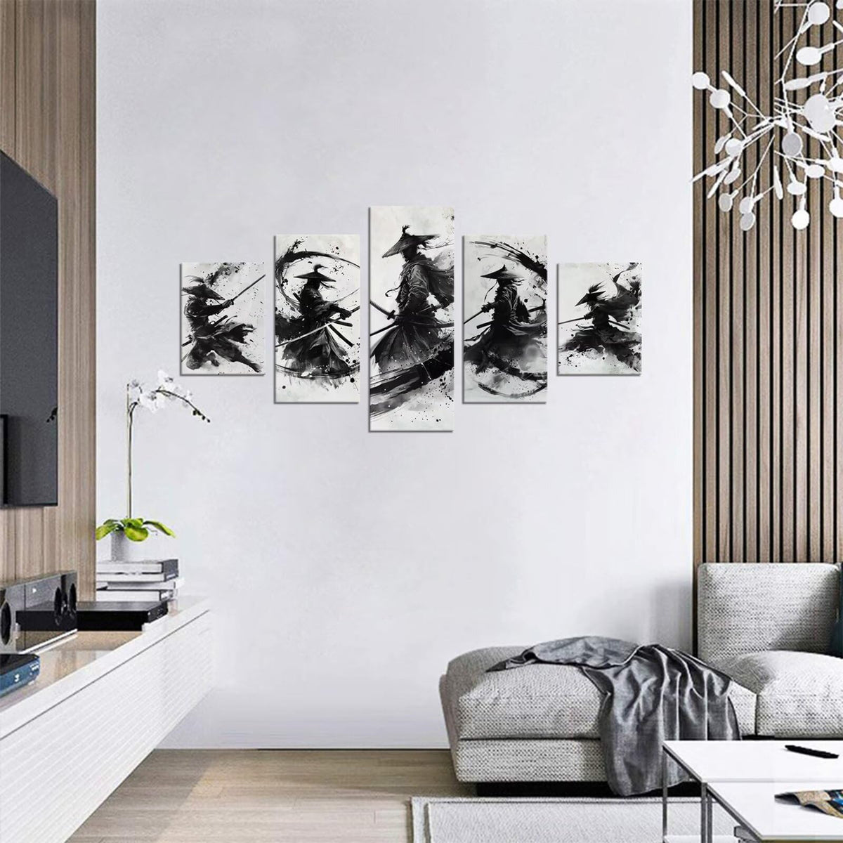 Japanese Samurai Wall Art Black and White Warrior Wall Decor Prints Vintage Japanese Cultural Samurai Pictures Canvas Painting Framed for Living Room Office Home Artwork Framed (60"Wx40"H / White and black)
