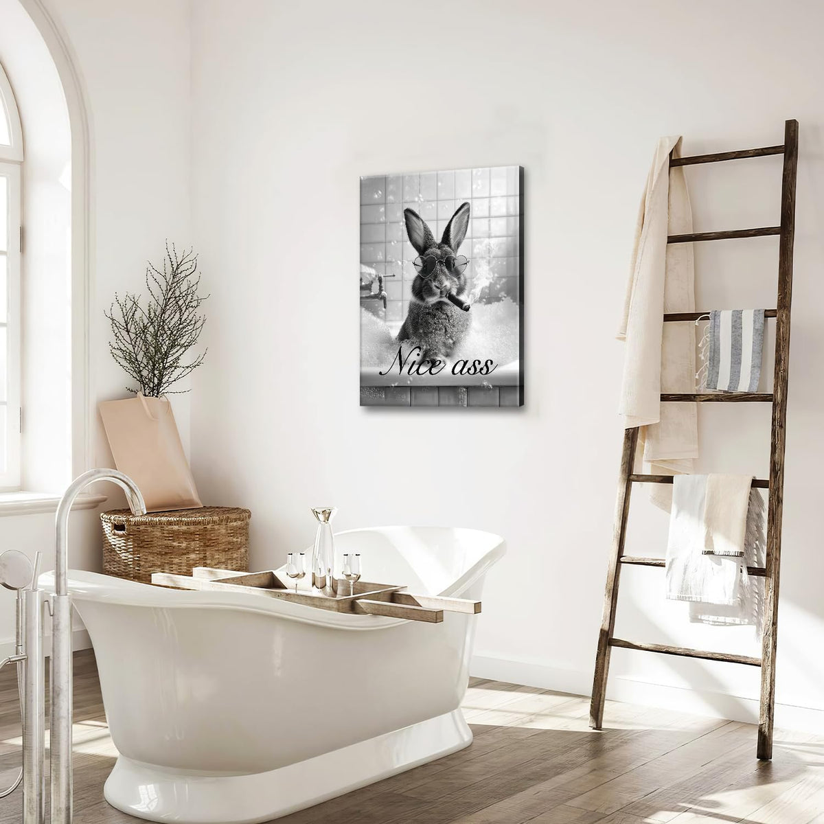 Funny Rabbit Bathroom Wall Art Black And White Bunny Bathtub Canvas Wall Decor Pictures Paintings Prints Artwork Framed Decorations For Bedroom Living Room Gifts 16" x 24" (Rabit / 24"L x 16"W)