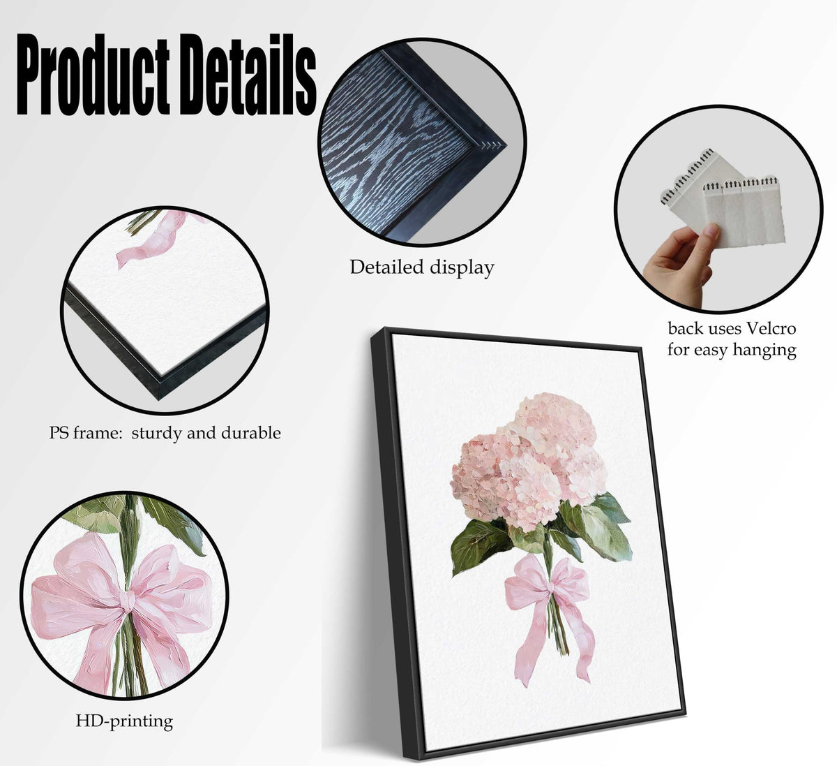 Framed Pink Hydrangea Floral Canvas Wall Art Coquette Pink Bow Hydrangea Flower Painting Picture Wall Decor Preppy Aesthetic Poster Print Artwork for Girls Bedroom Dorm Apartment Home Decoration (Framed Hydrangea / 16"L x 12"W)
