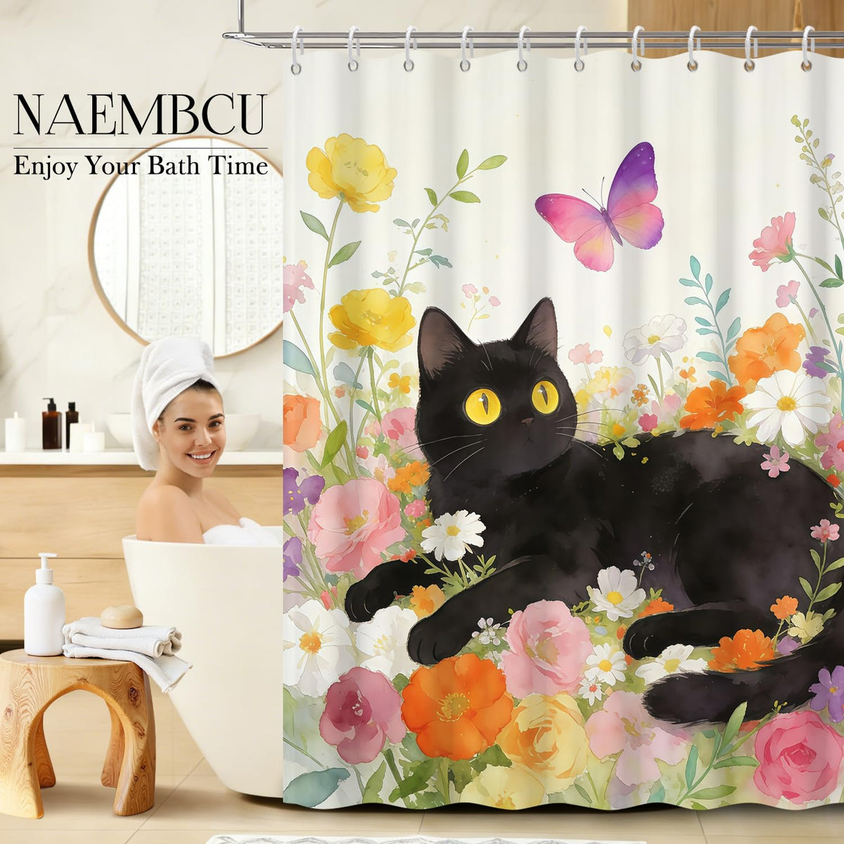 Cute Cat and Floral Shower Curtain 72x72 Inch (Cat and Flowers / 72"W x 72"L (Pack of 1))