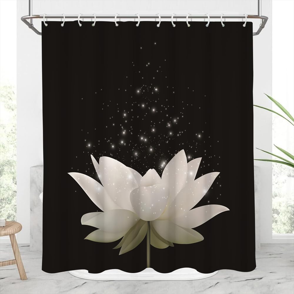 Spa Lotus Shower Curtains for Asian Zen Spa Washroom Decor Waterlily Floral Blossom Minimalist Black Bath Curtain for Bathroom Decor Art Print Waterproof Polyester Fabric with Hooks (72"W x 96"L (Pack of 1) / Black)