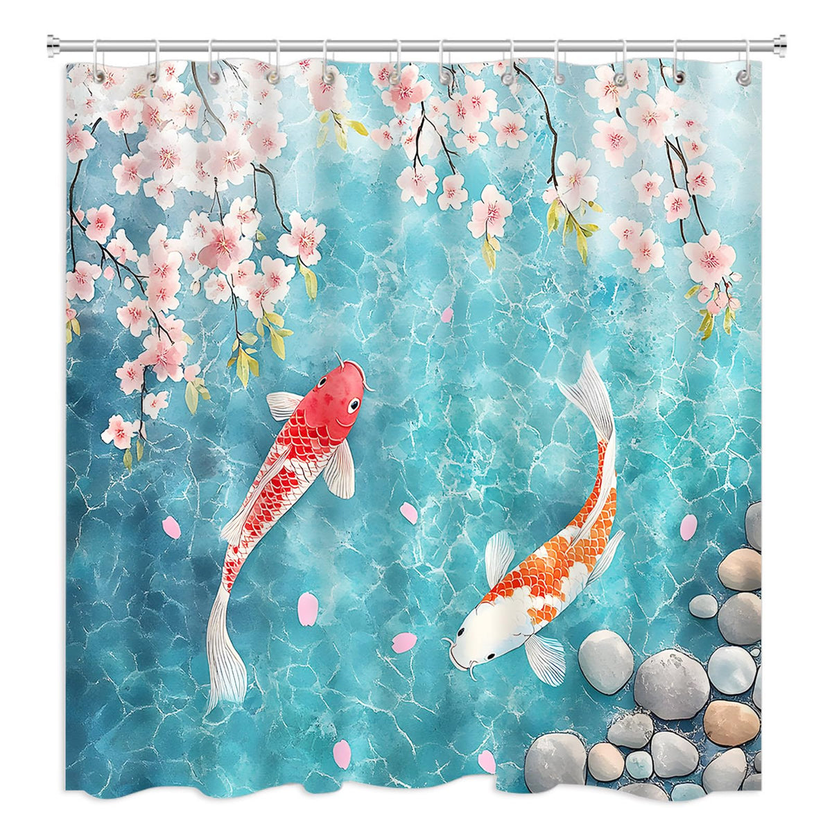 Zen Garden Shower Curtain Japanese Fish Pink Cherry Blossom Lake Rustic Asian Spa Watercolor Art Bathroom Decor Polyester Fabric with Hooks (Pink Blue / 80"W x 70"L (Pack of 1))