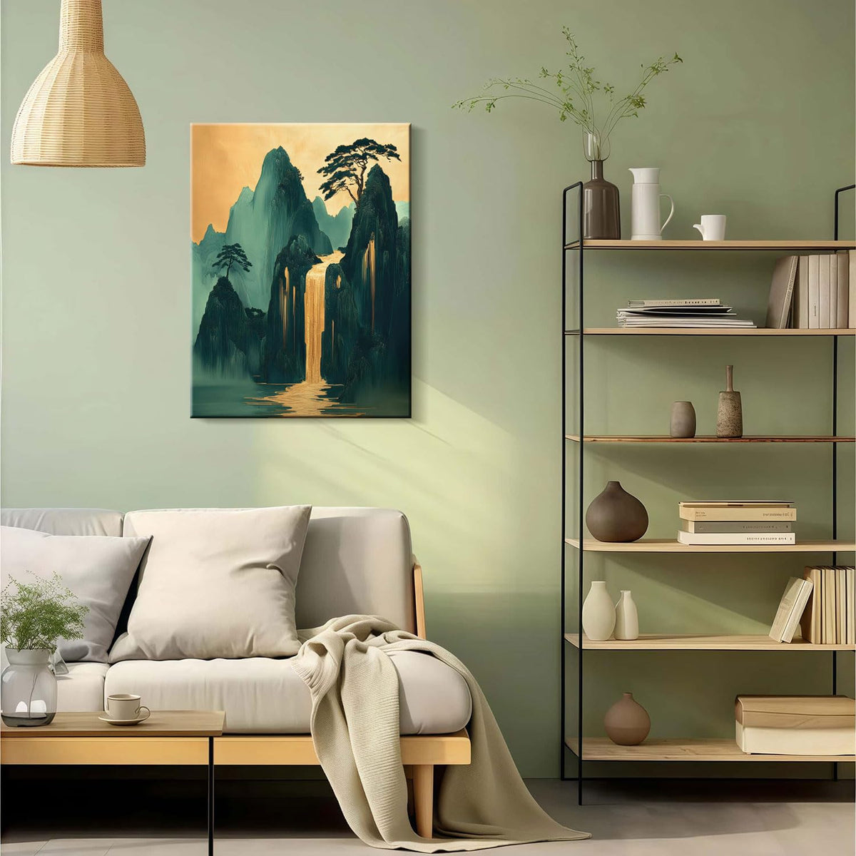Green Gold Japanese Mountains Waterfall Wall Art 12x16 Inch (Green Gold Mountains / 24"L x 16"W)