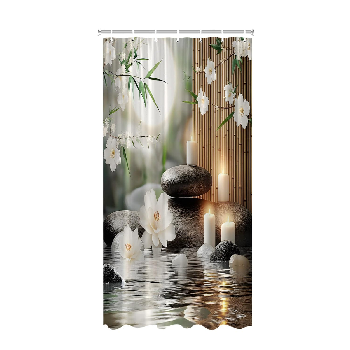 Lotus Floral Bamboo Shower Curtain Zen Stone Spa Flowers Pastel Full Moon Relaxing Asian Garden Scenery Fabric Bathroom Decor Curtains with Hooks (Green / 47"W x 70"L (Pack of 1))