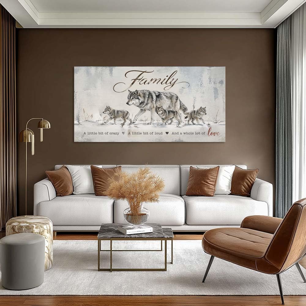 Wolf Family Canvas Wall Art Rustic Farmhouse Winter Wildlife Painting with Inspirational Quote Flat Print Gallery Wrapped Artwork for Living Room Bedroom Bathroom Decor (Retro / Wolf Family 30 / 58"L x 28"W)