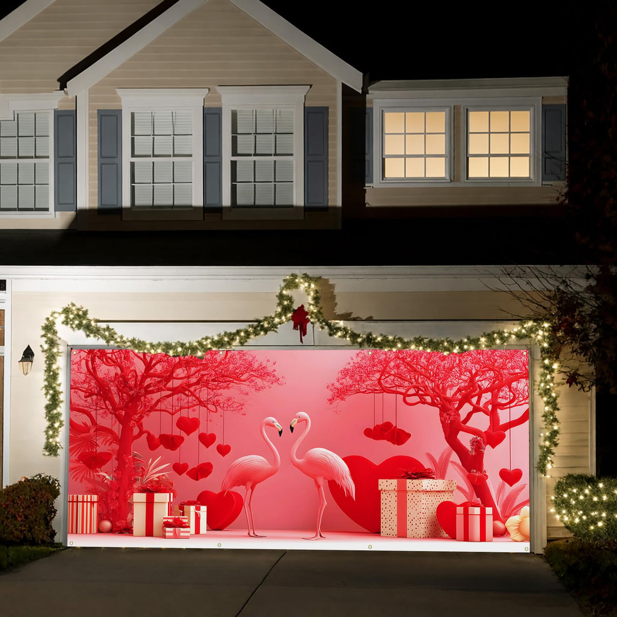 Happy Valentine's Day Garage Door Banner Cover (Red Flamingos)