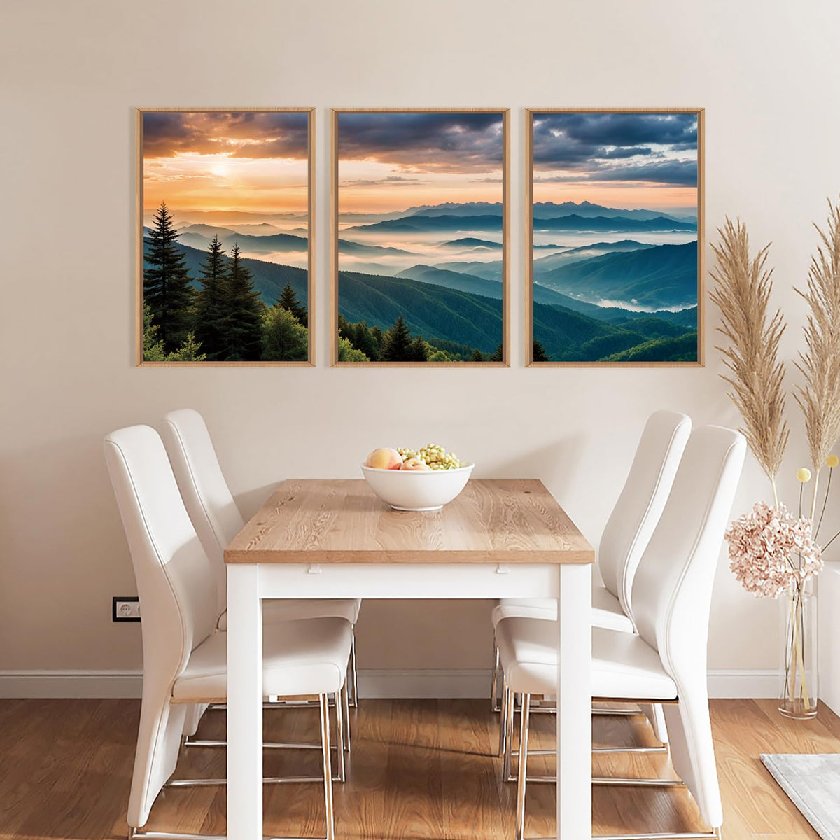 Large Nature Mountain Sunrise Framed Canvas Wall Art (Boho Forest Mountain Wall Art / 24"x36"x3)