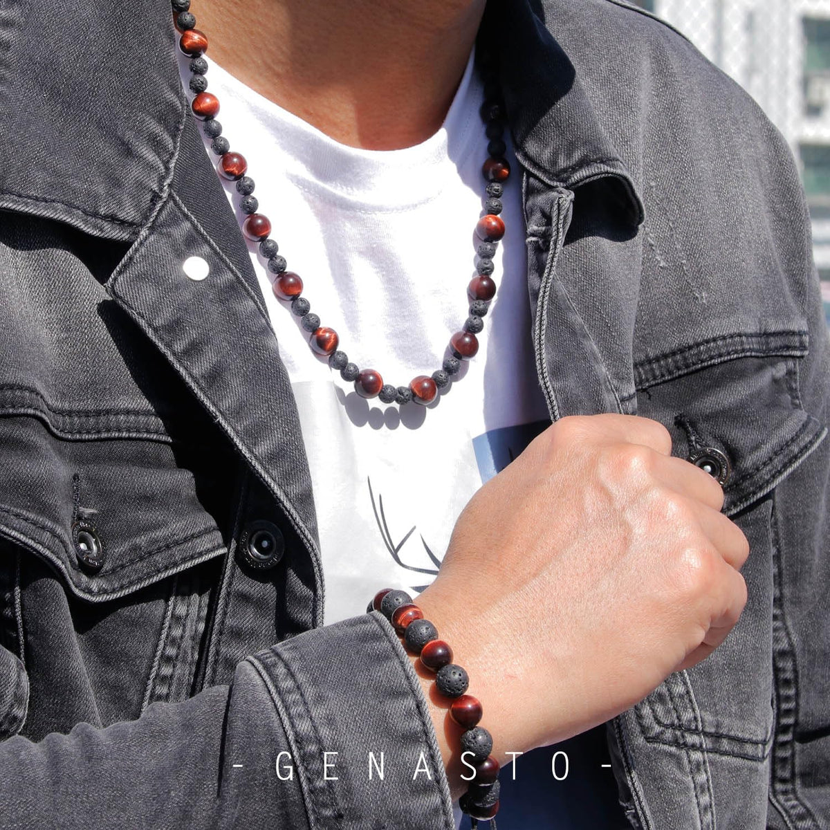 Tiger Eye Necklace Healing Protection Crystals Stones Lava Rock Chakra Necklace for Men Women (Red)
