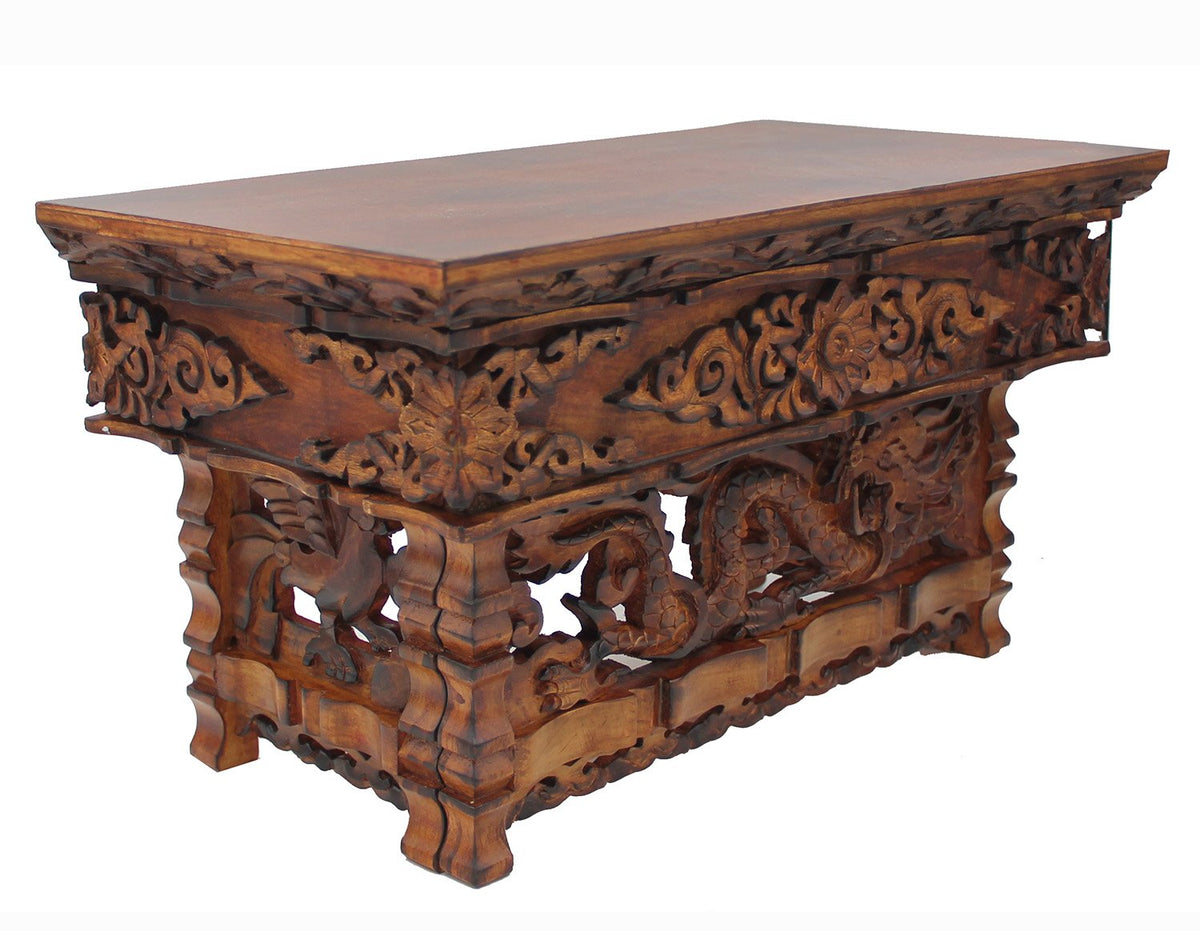 Solid Indian Elm Wood Hand Carved Floor Shrine Altar Meditation Table (Large / Dark)