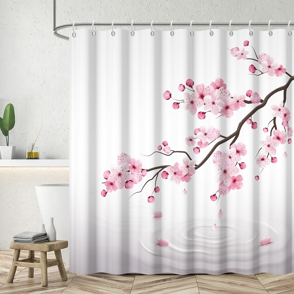 Cherry Blossom Shower Curtain Japanese Blooming Pink Floral Cherry Branch Bathroom Curtain Classic Japanese Culture River Ripple Flower Branch White Shower Curtains Set with Hooks 72x84 Inch (72"W x 84"L (Pack of 1) / Pink-35)