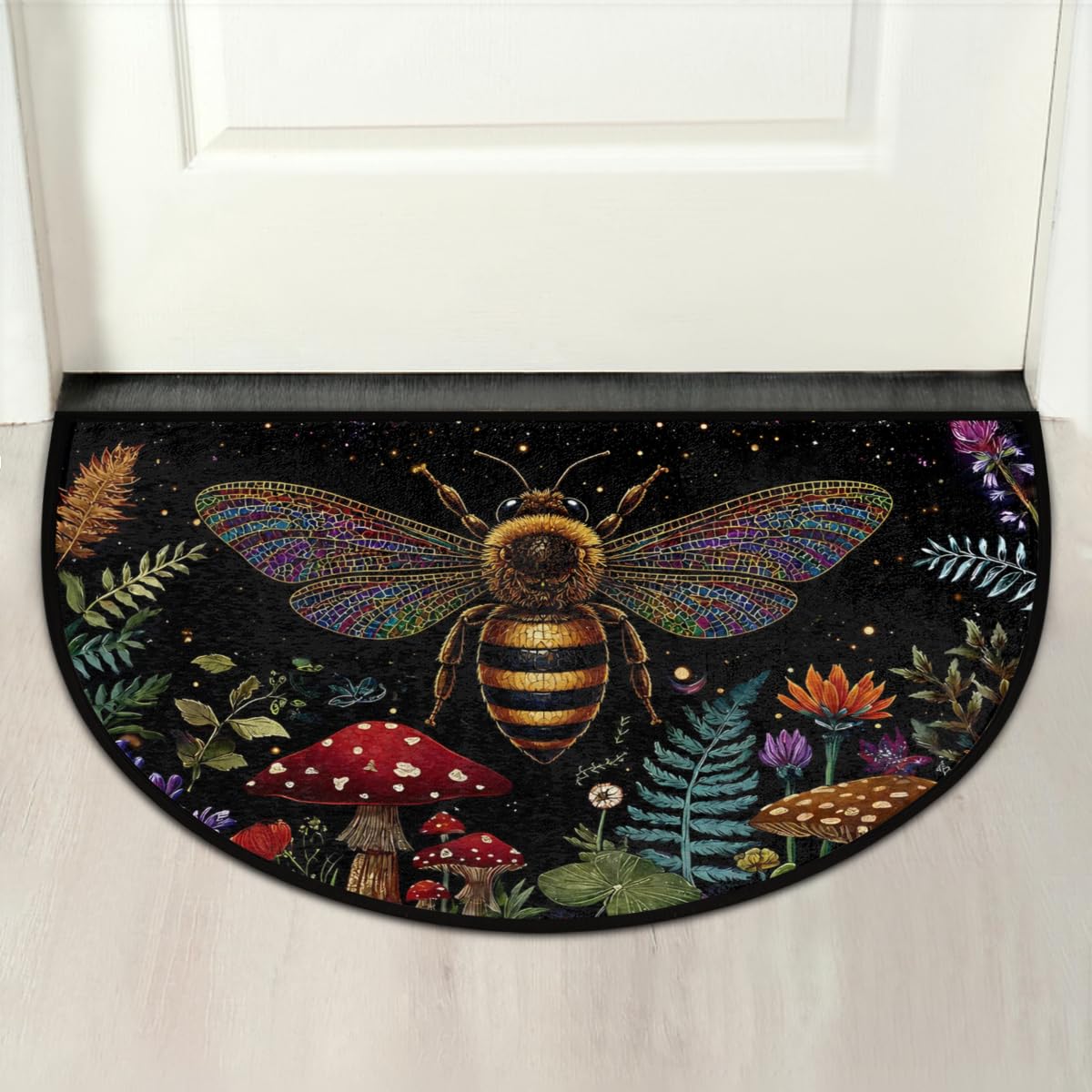 Boho Bee Mushroom Flower Ferns Half Round Door Mat Indoor Entrance Low Pile Non Slip Absorbent Semi Circle Welcome Mats Doormats 36x24 in Floor Mats for Home Kitchen (Boho Bee Mushroom Flower Ferns)