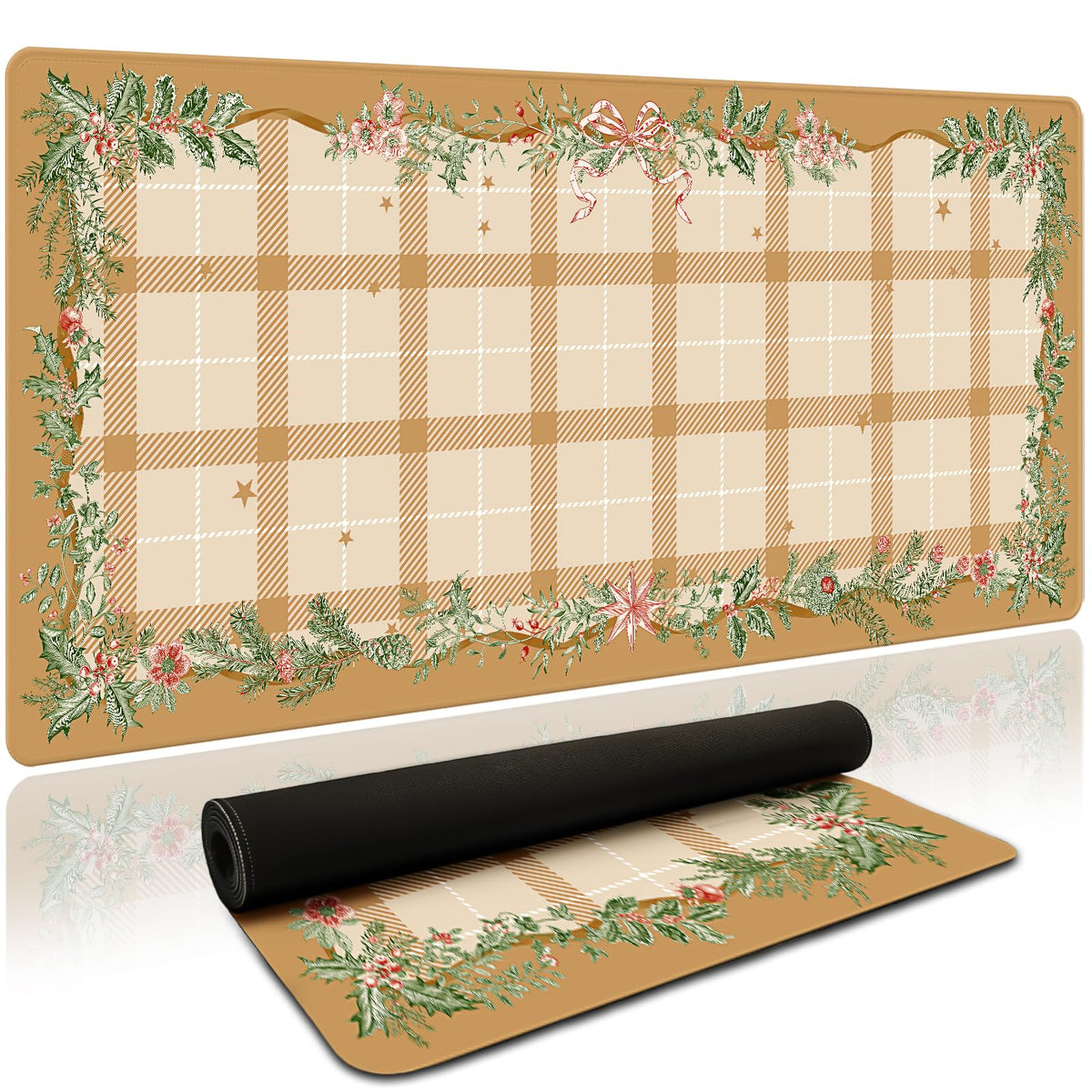 Xmas Plaid Desk Mat (Tan Plaid Holly / 35.4" x 15.7")