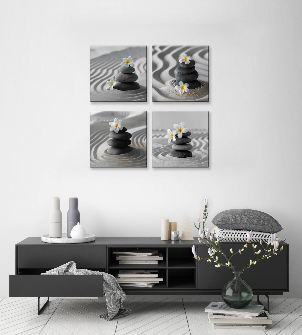 4 Piece Frangipani Flowers Wall Art Zen Pebble Stone and Sand Giclee Print Framed Artwork Zen Canvas Prints Calm Peaceful Still Life Floral Picture Modern Meditation Spa Room Wall Decor (12X12inchX4 / Frangipani)