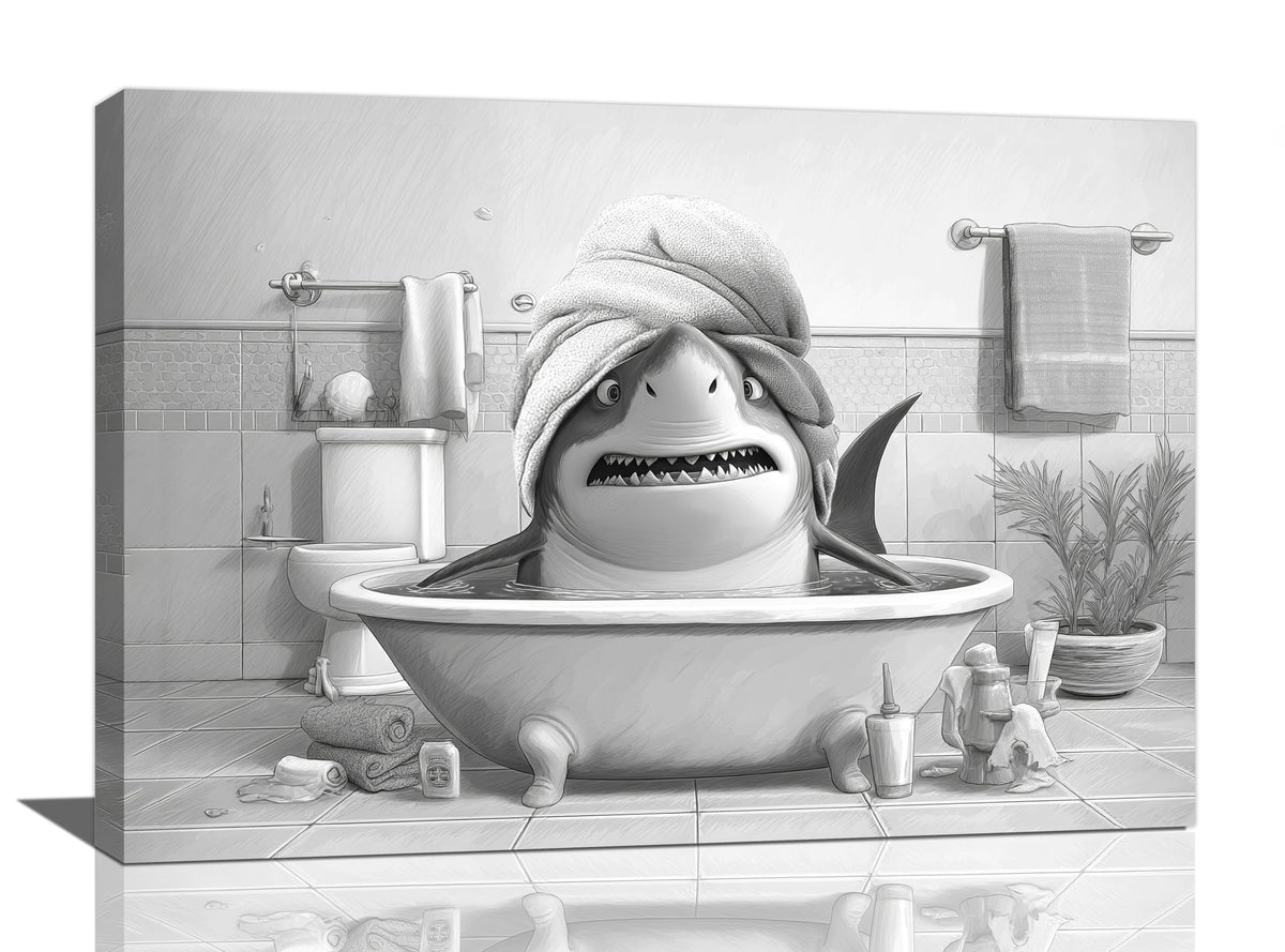 Funny Shark Bathroom Decor Wall Art Black and White Bathroom Pictures Painting Canvas Framed Toilet Humor Artwork Restroom Home Decoration Gifts for Women Girl 16"x24" (shark / 24L"×16W")