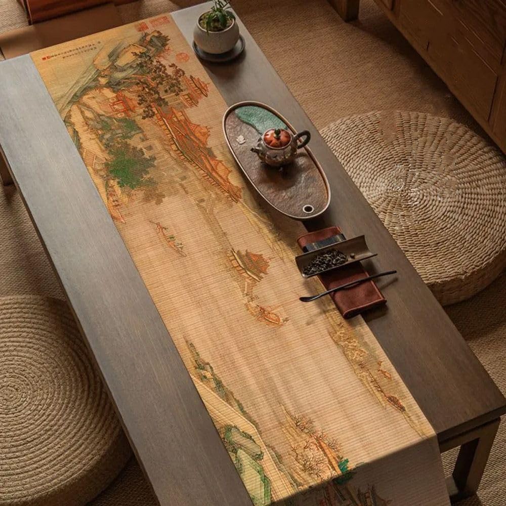 Asian Style Bamboo Table Runner (Along the River During the Qingming Festival / 12x48 Inch)