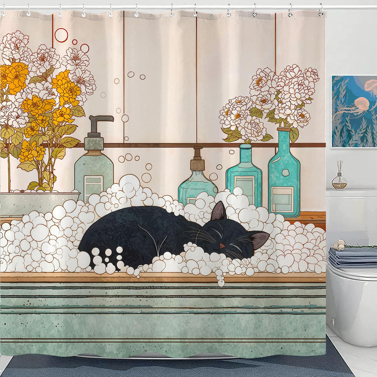 Peaceful Cat Shower Curtain Set Sleeping Feline Art Waterproof Bathroom Shower Curtain Serene Window Scene Print Cozy Home Decor 72x72 Inch (72"W x 72"L (Pack of 1) / Rose Gold)