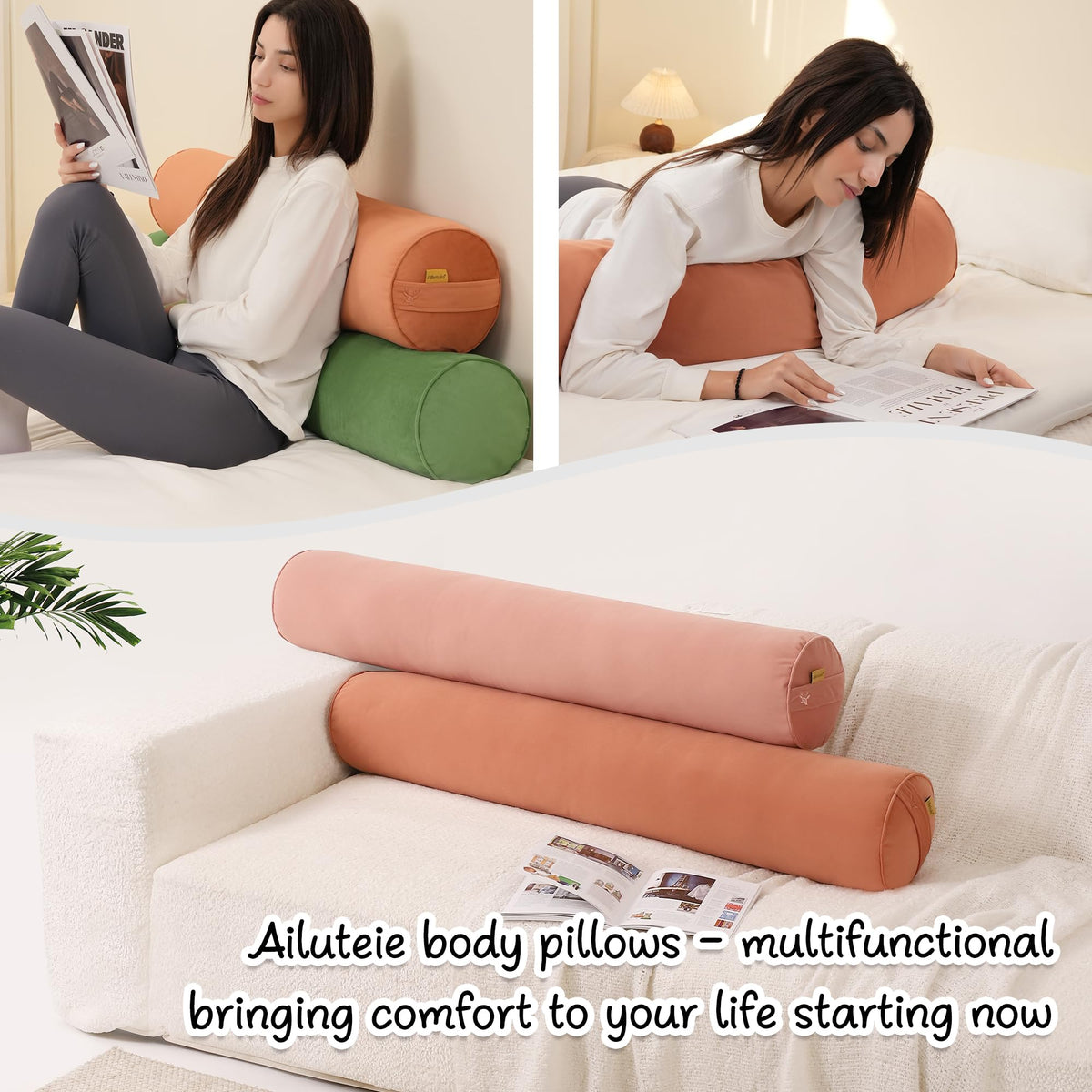 Long Round Body Pillow for Adults (Amber Orange / 39.37"*7.87")