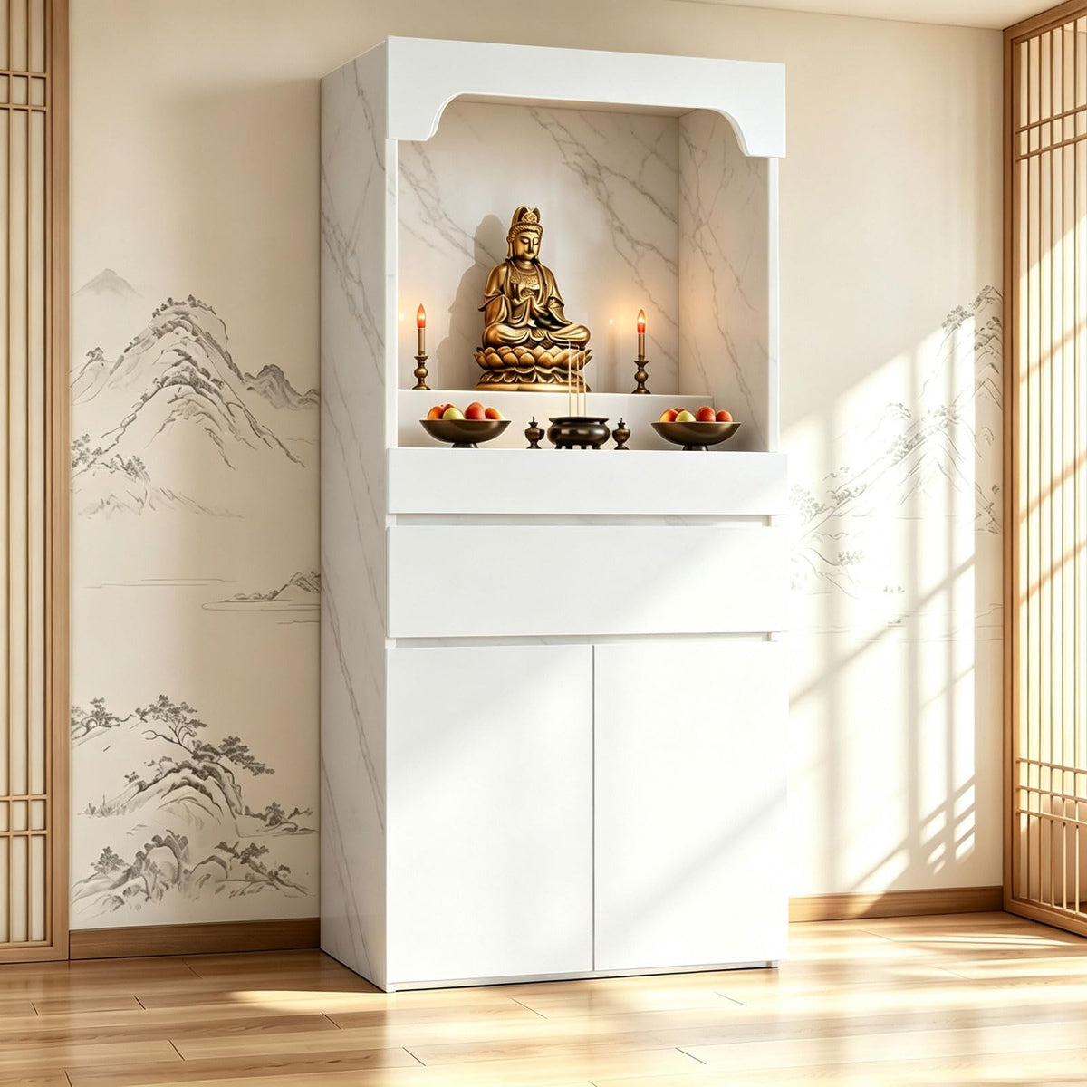 Altar Table Pooja Cabinet with Drawers and Storage Cabinets (27.6×15.7×65.4in / White+white Grain)