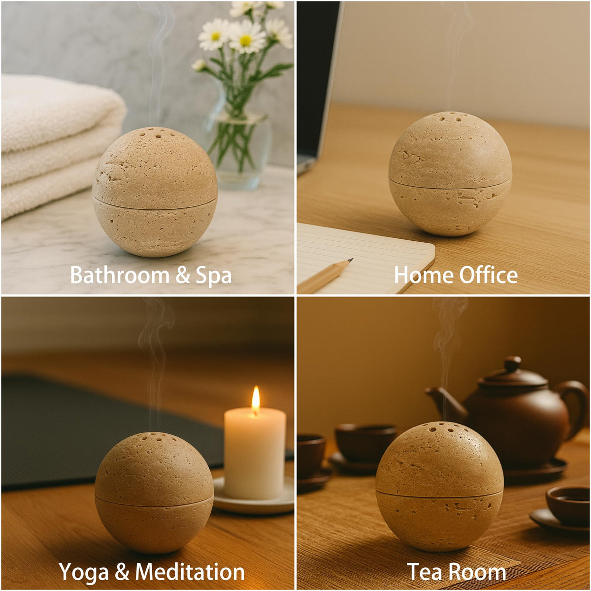 Natural Stone Sphere Incense Holder (Beige Travertine)