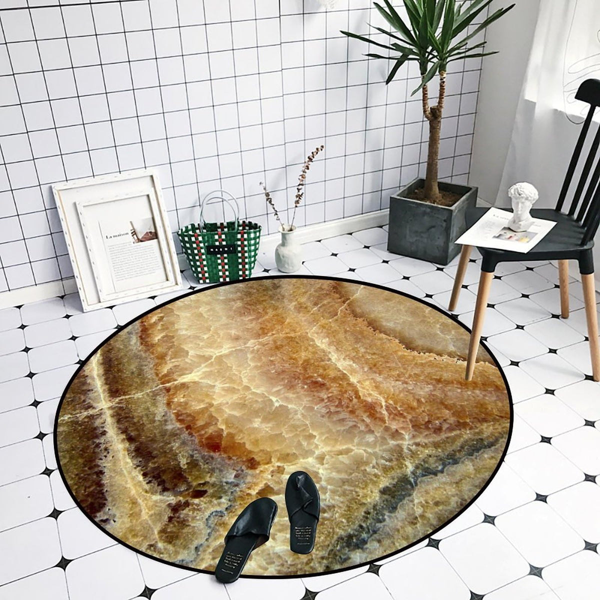 Round Area Rugs 3 FT Washable Non Slip Circle Rug (Khaki Marble / 3' (Round))