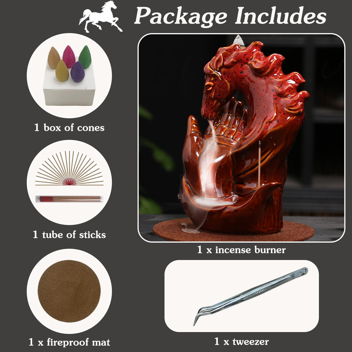 Horse Hand Incense Burner Holder (Horse, Red Glaze Color)