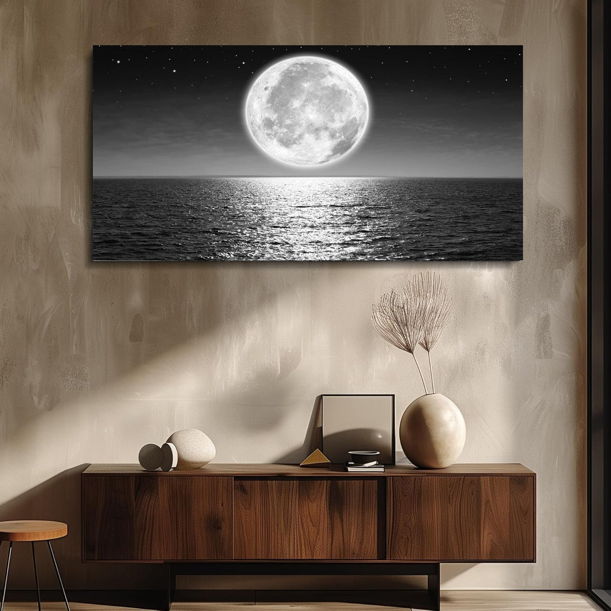 Large Living Room Decor Black and White Wall Art Full Moon Sea Beach Canvas Wall Art Coastal Paintings Ocean Posters Landscape Picture Print Office Artwork Home Bedroom Decoration Framed (2SeaMo05 / 60"L x 30"W)