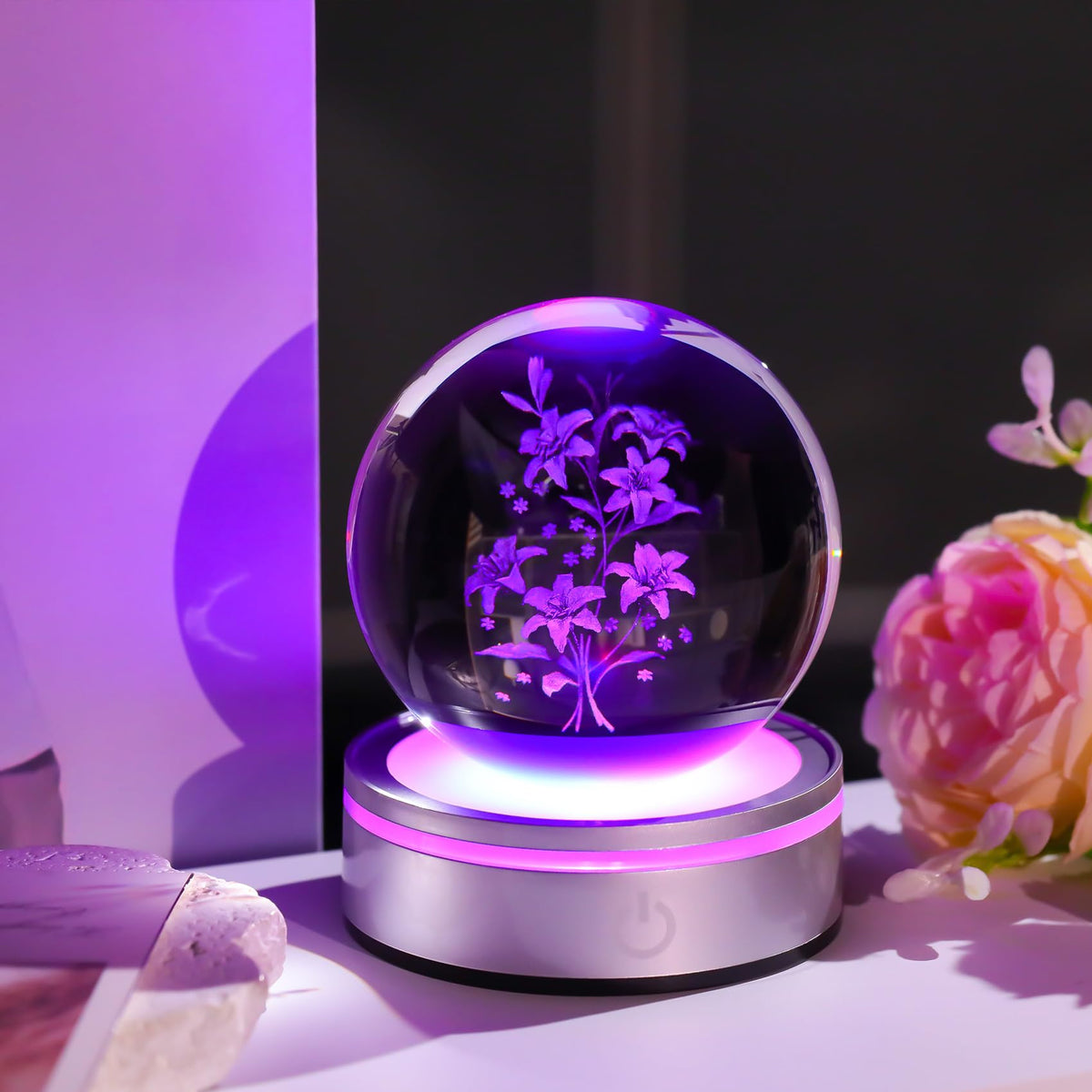 3D Lily Flower Decor Crystal Ball Night Light Gifts for Women (Lily)