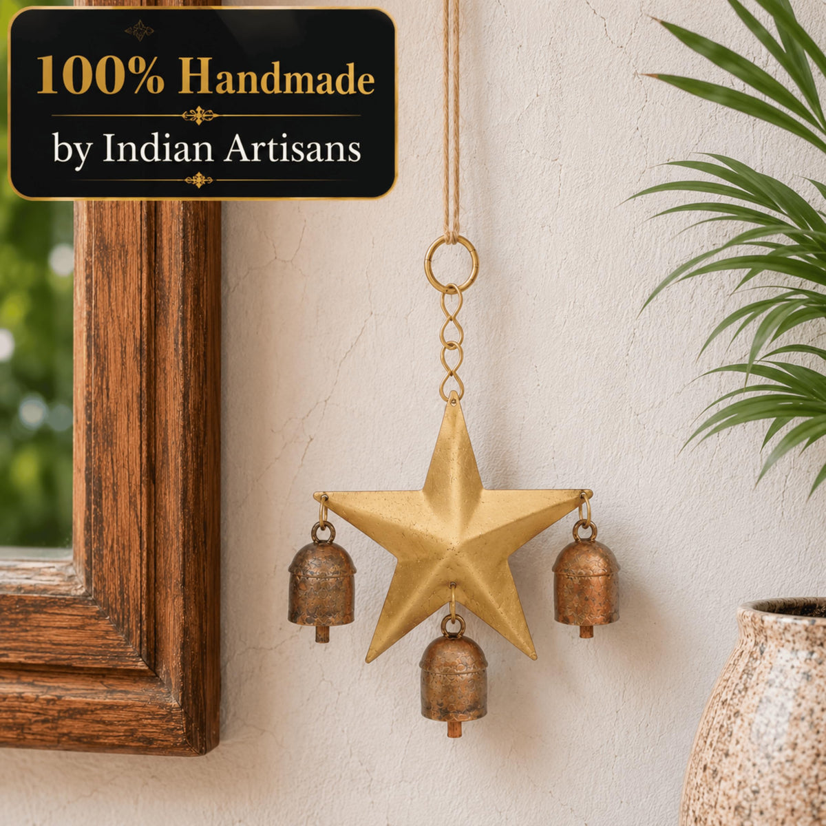 Wind Chime for Outside with 3 Rustic Cow Bells (Golden Star Chime)