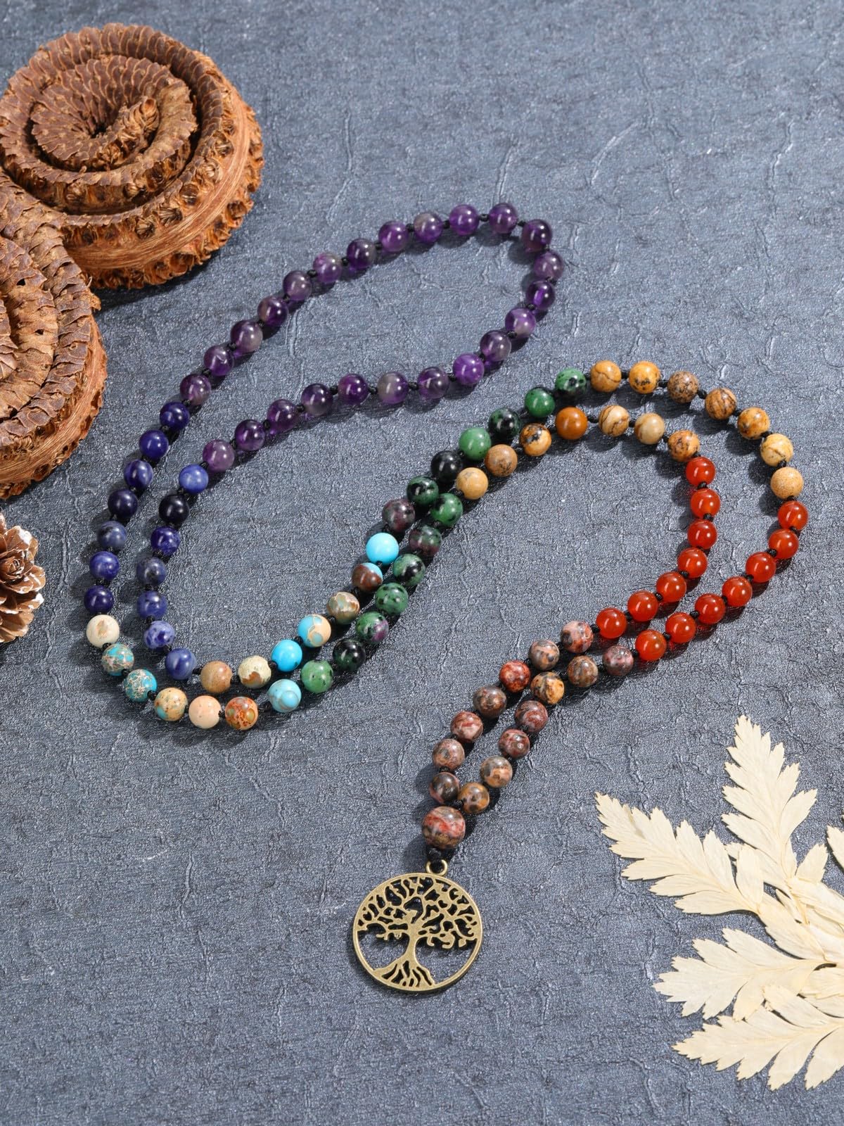 7 Chakra 108 Mala Beads Necklace with Life Tree Charm Natural 6mm Gemstones Prayer Beads Bracelet Mens Women Jewelry for Yoga Meditation (7 Chakra-Life Tree)