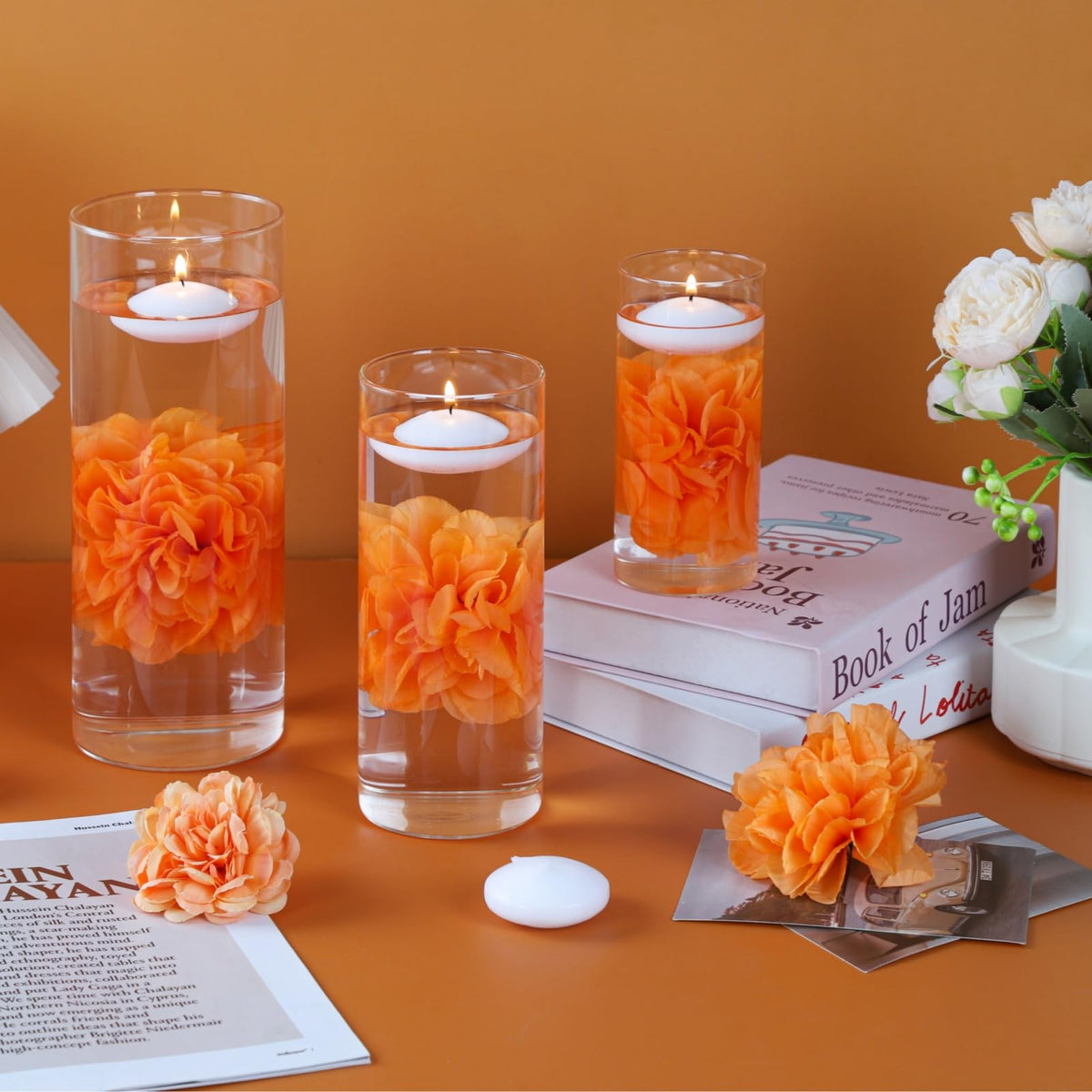 24 Pcs Floating Candles for Centerpieces and Floating Flowers Vase Fillers for Centerpieces Orange Artificial Flowers for Wedding Table Party Home Decoration (Orange)