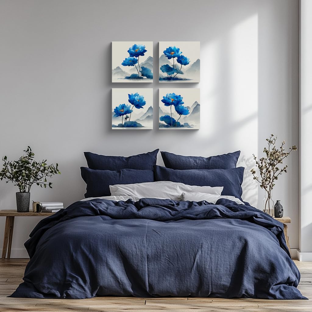 4PCS Blue Lotus Wall Art Chinese Ink Painting Style Watercolor Flower Canvas Print Oriental Botanical Artwork Modern Zen Landscape Decor for Living Room Bedroom Office Meditation Space (12X12inchX4 / Blue Lotus-2)