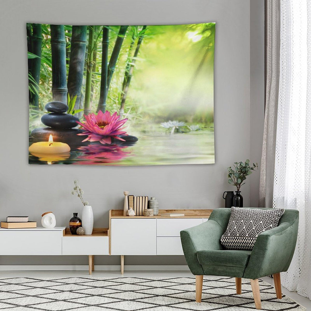 Japanese Garden View Tapestry Wall Hanging Spa Water Lotus Flower Zen Stone Relaxation Bamboos Candles Tapestries Home Decor for Living Room Bedroom Farmhouse Apartment Dorm 60"x80" (60"L x 80"W / Zen-17)