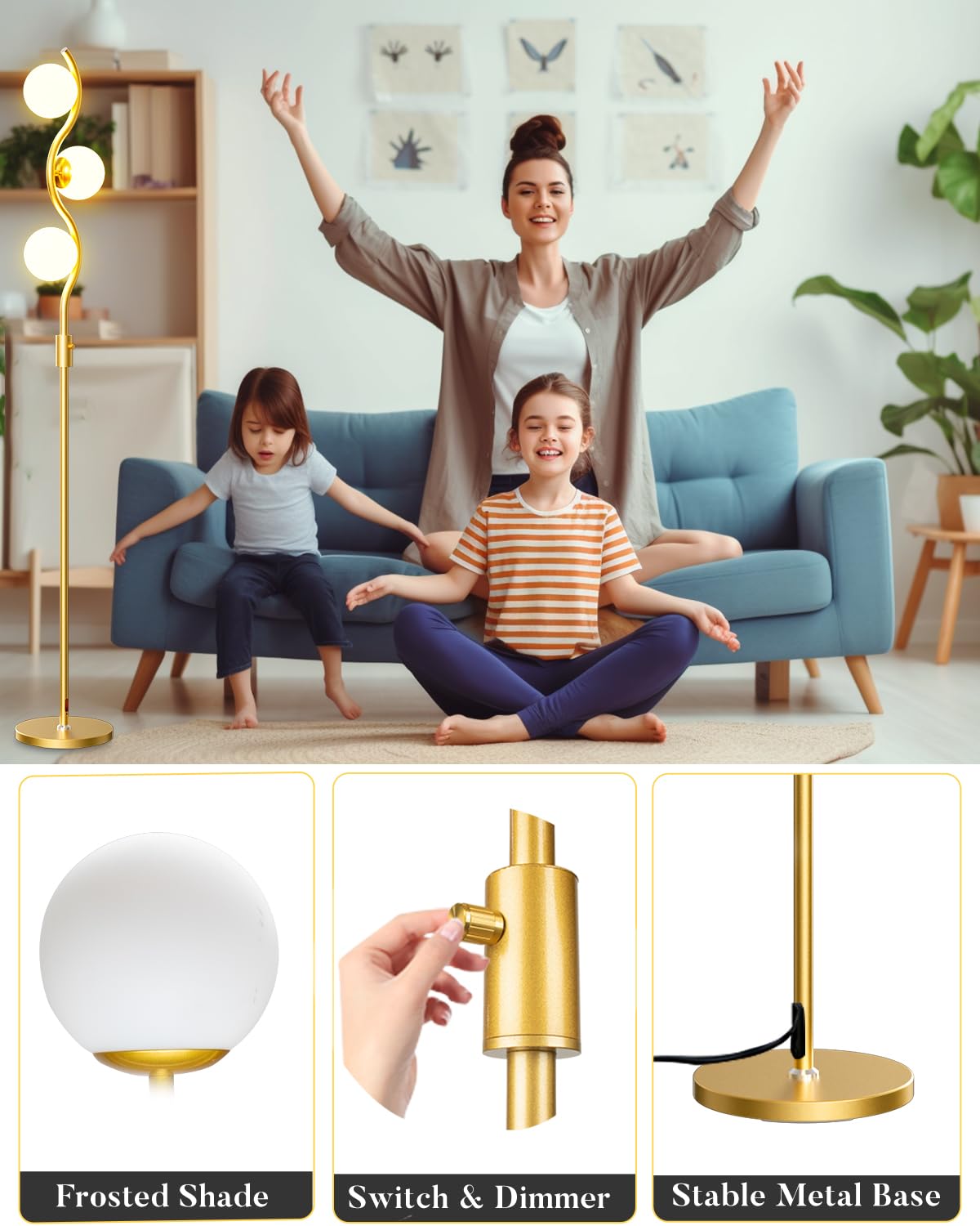 60IN Gold Floor Lamp Stepless Dimmable Globe Floor Lamps with 3Pcs 3000K Bulbs Eye (Gold-3S)