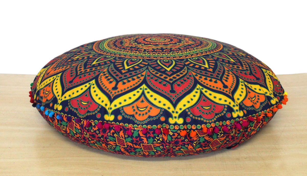 32 Inch Meditation Floor Pillow Cover Round Pillow Seating Hippie Decorative Adults Bohemian Mandala Cushion Cover Outdoor Living Room Throw Ottoman Poufs Cover (New Blue Ombre)
