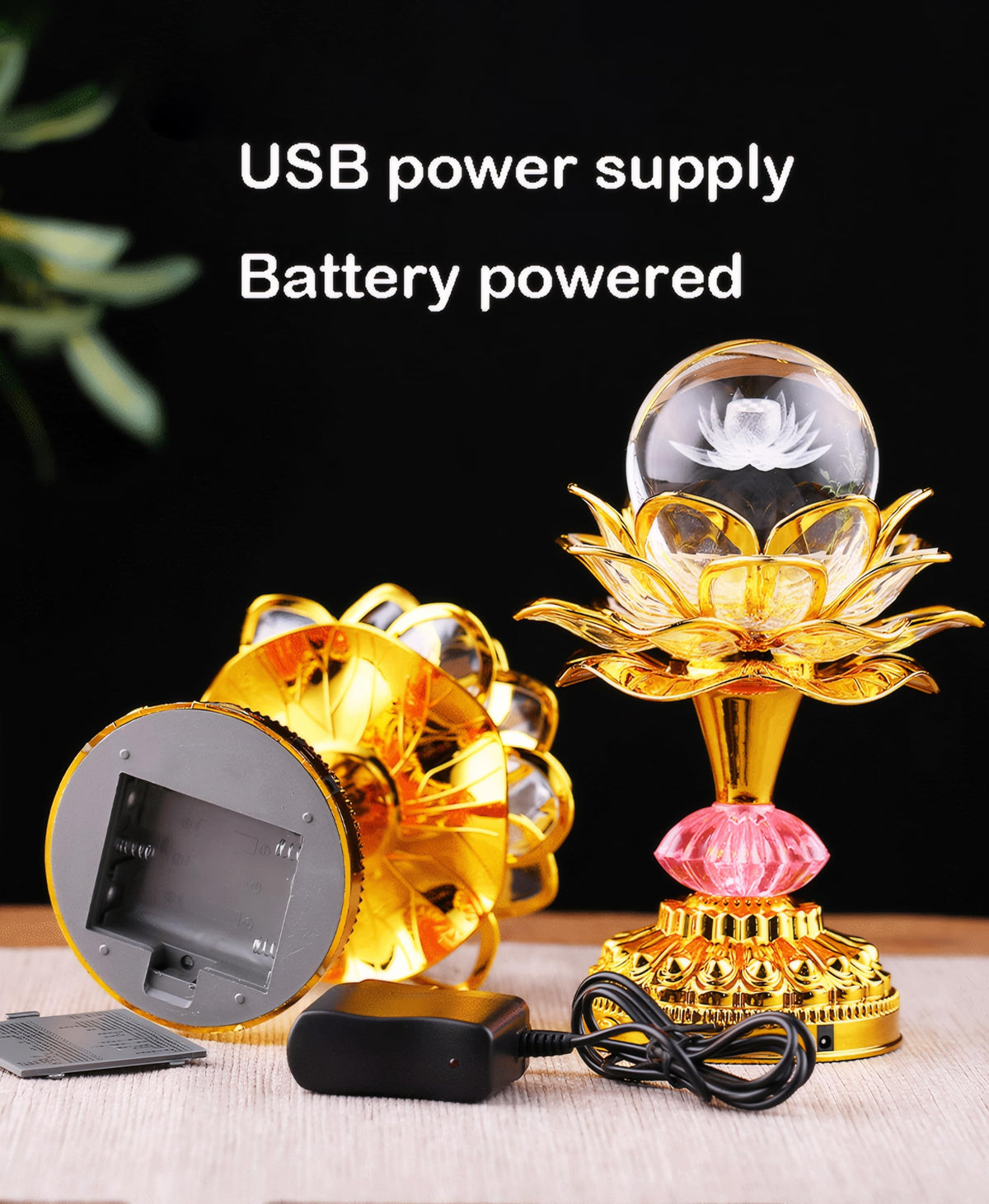Colorful LED Crystal Ball Lotus Buddhist Lamp (Pale Gold)
