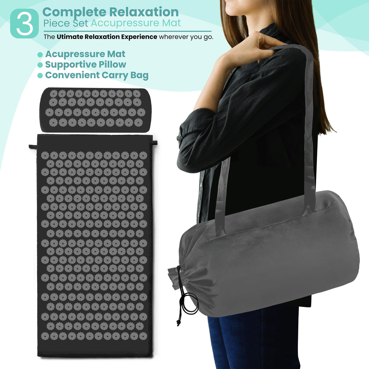 Sivan Acupressure Mat & Pillow Set for Back & Neck (Black/Black / Large)